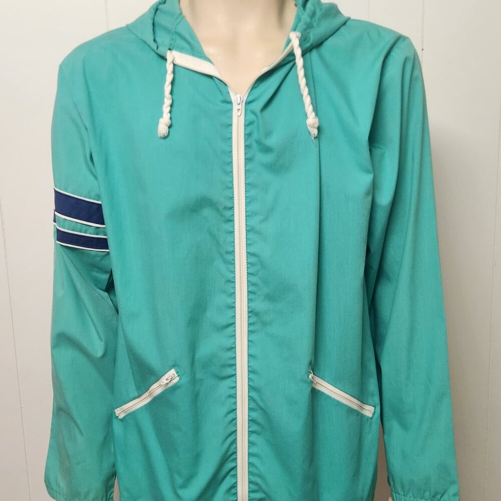 vintage jacket L men's 1970s Sears hooded zip front turquoise